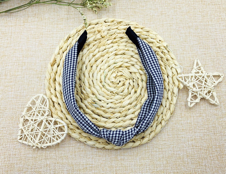 Navy Blue Gingham Knotted Headbandwide Headbandboho Etsy