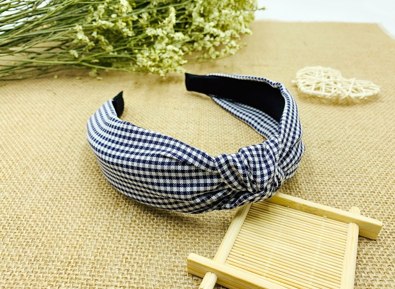 Navy Blue Gingham Knotted Headbandwide Headbandboho Etsy