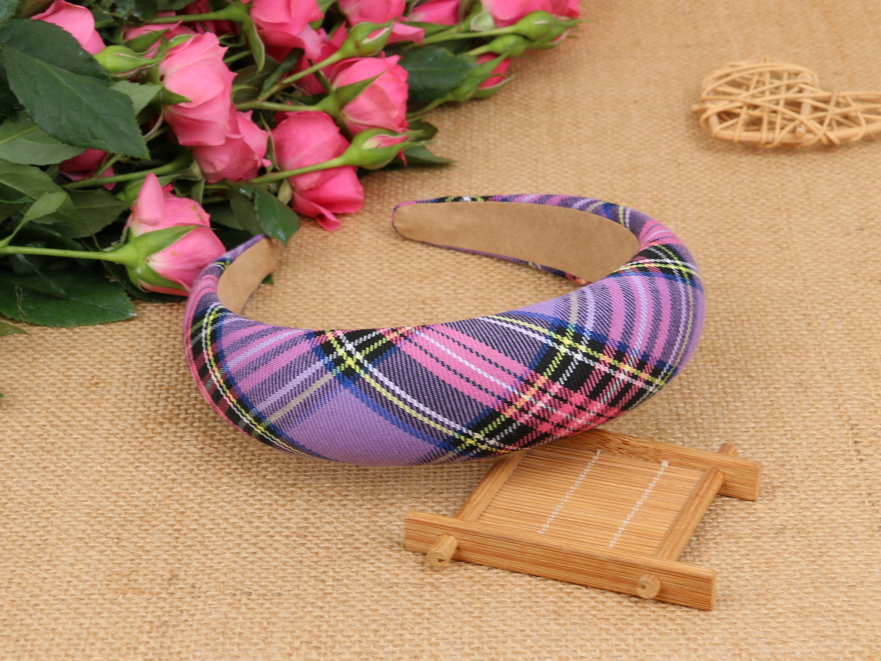Beige Plaid Padded Headband with Red and Black Accents Plaid Check Padded Headband Tartan Casual Hairband for Women  main image 4