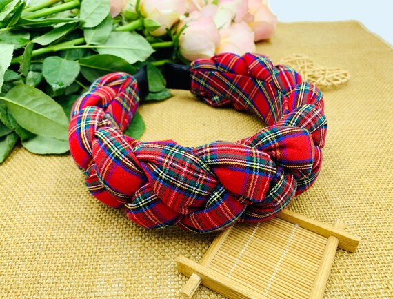 Red Christmas Plaid Padded Braided Headband,plaid Braided  display picture 3