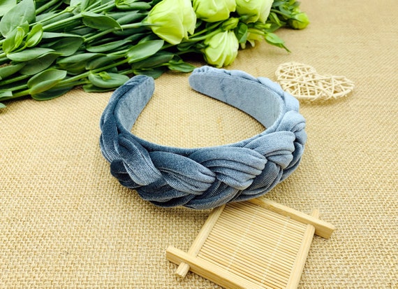 Gray Blue Velvet Wide Braided Headband,gray Blue Velvet  display picture 3