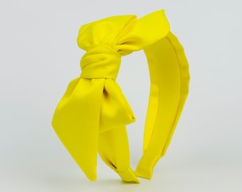 Diadema con lazo grande de satén amarillo claro, diadema con lazo anudado de satén amarillo, diademas para mujer, diadema de satén amarillo claro, diadema con lazo lateral