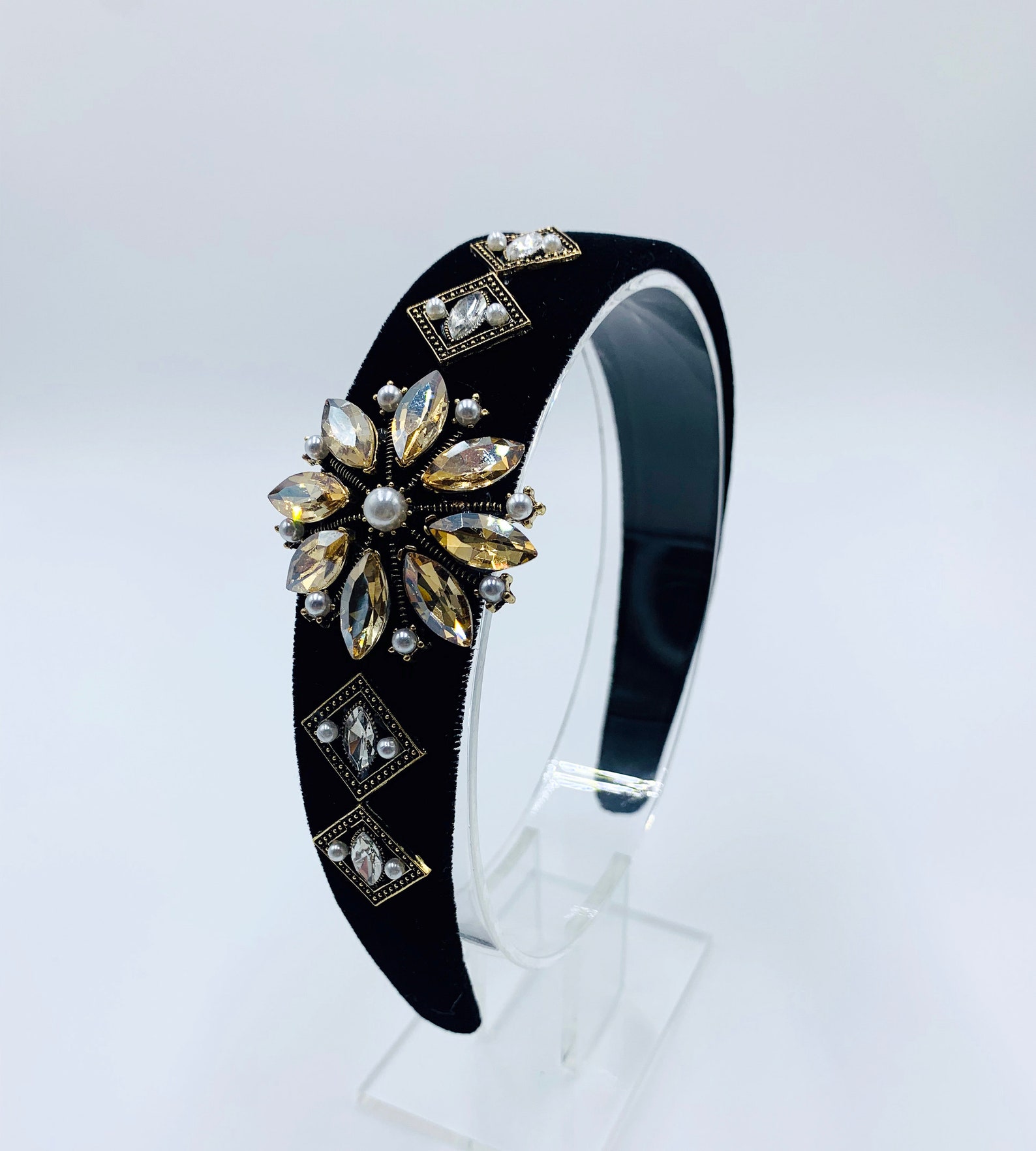 Black velvet headband with luxury rhinestonesrhinestones Etsy