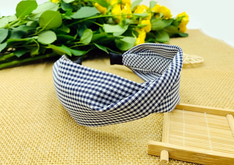 Navy Blue Gingham Twisted Headbandwide Headbandboho Etsy