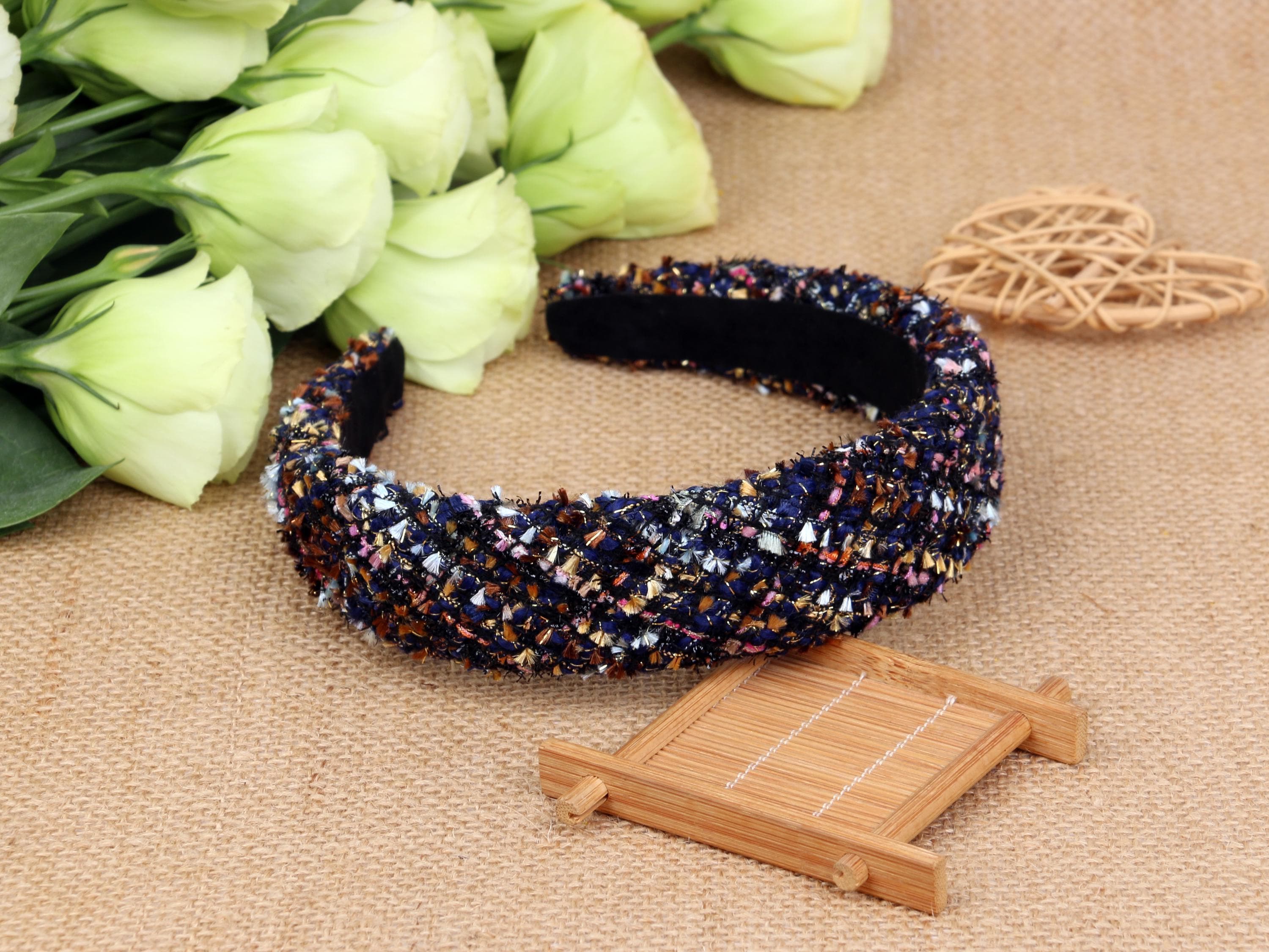 Blue Tweed Padded Headband | NEW | with Gold Accent Velvet Headband Padded Hair Band Wedding Guest Hair  main image 3