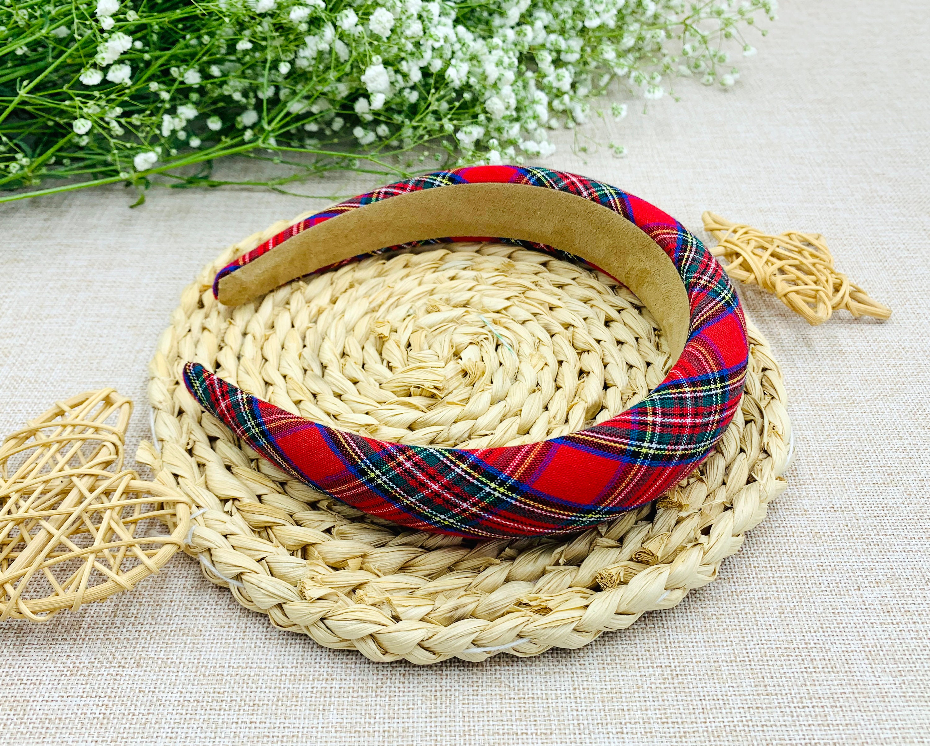 Beige Plaid Padded Headband with Red and Black Accents Plaid Check Padded Headband Tartan Casual Hairband for Women  main image 2