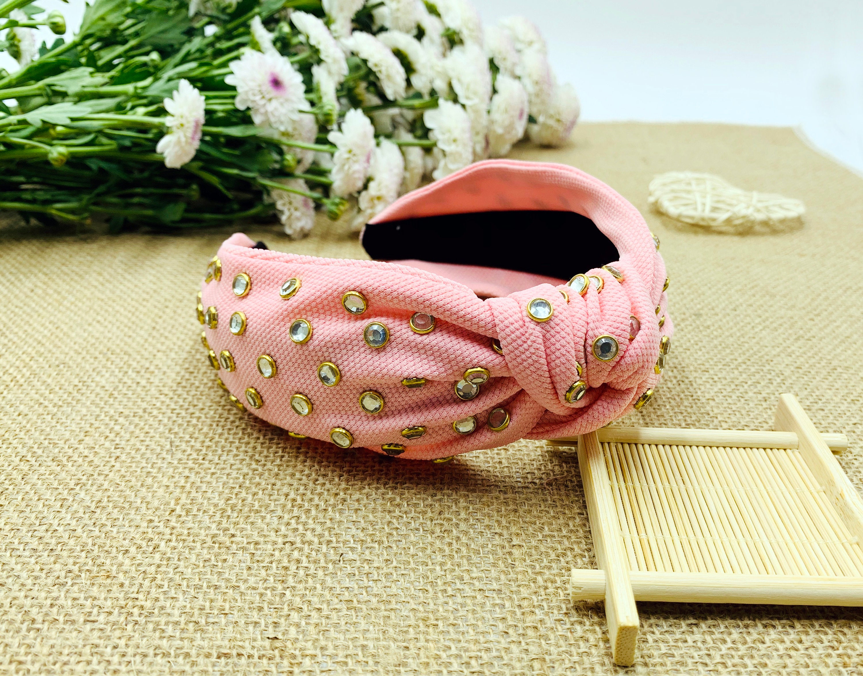 Pink Satin Knotted Headband With Rhinestonesturban Knotted | Etsy