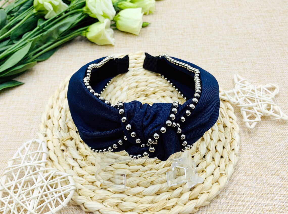 Navy blue satin knotted headband with metal beads chain Etsy