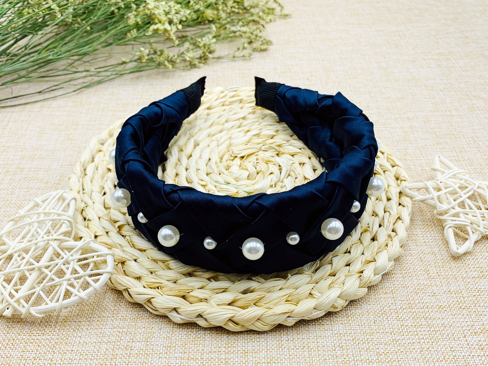 Navy blue wide Braided Headbands with pearlssatin Etsy