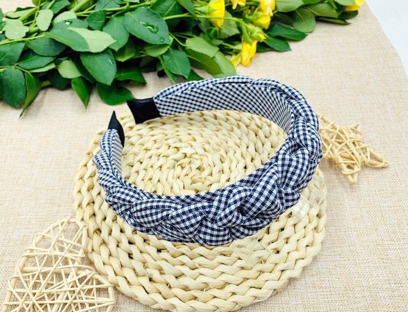 Navy Blue Gingham Braided Headbandnavy Blue Etsy