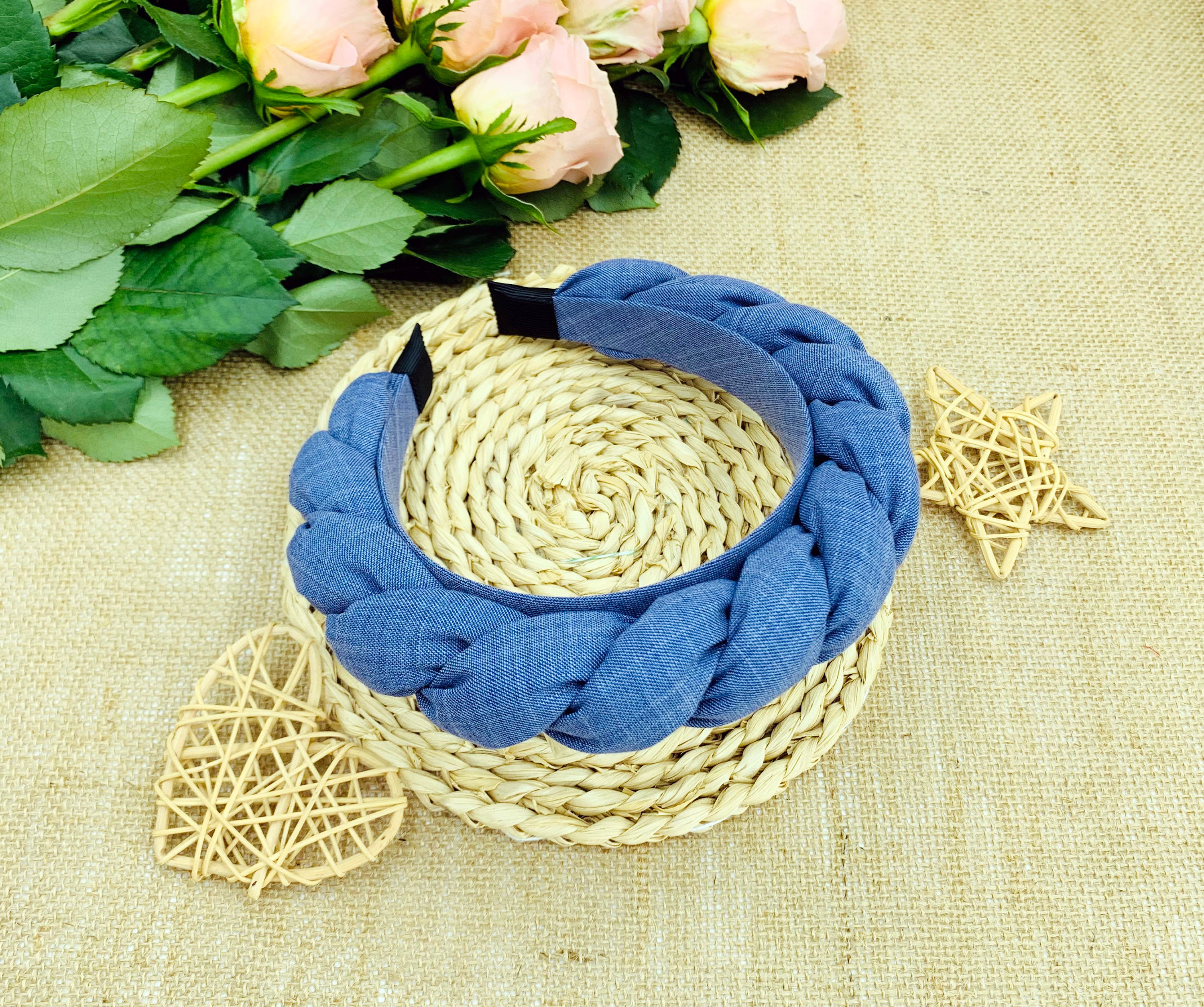 Blue Denim Padded Braided Headband,braided Denim Flock Deep  display picture 2
