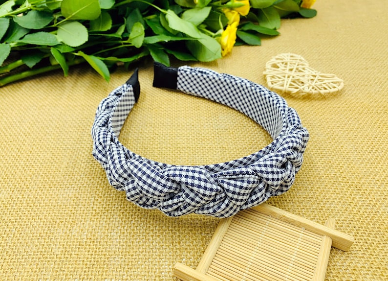 Navy Blue Gingham Braided Headbandnavy Blue Etsy