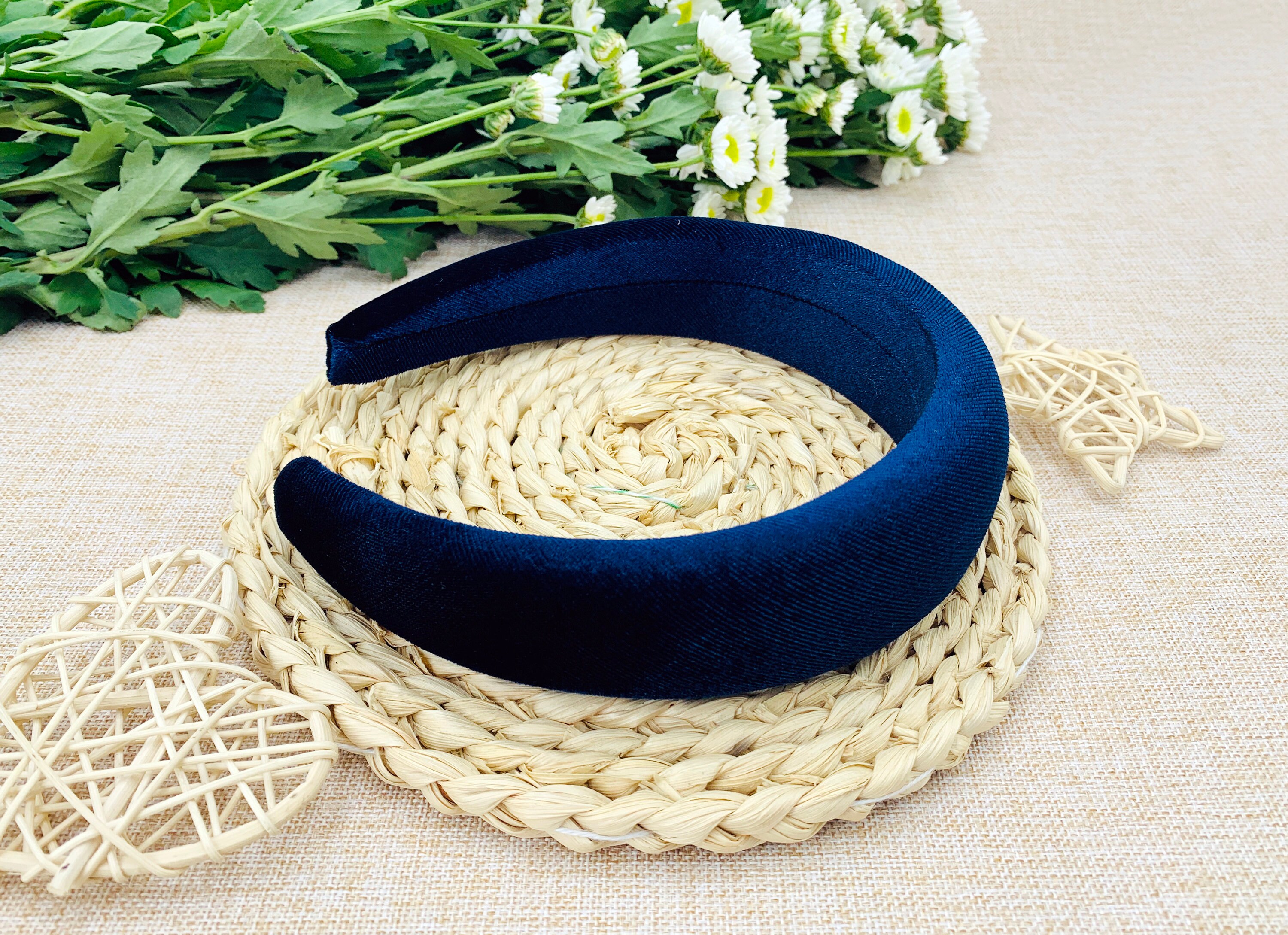 Navy Medallion Designer-Inspired Padded Headband Navy Padded headband with Veiling – Emily Jean Atelier main image 2
