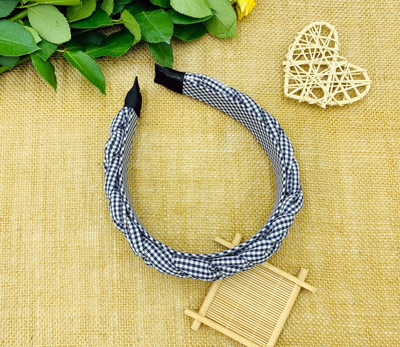 Navy Blue Gingham Braided Headbandnavy Blue Etsy