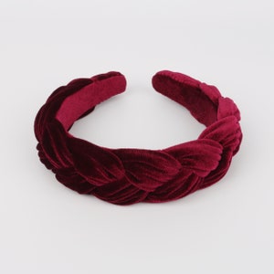 Wine red velvet wide braided headband,Wine red velvet flock deep braided headband,Alice headband,velvet padded headband,woven plait headband image 2