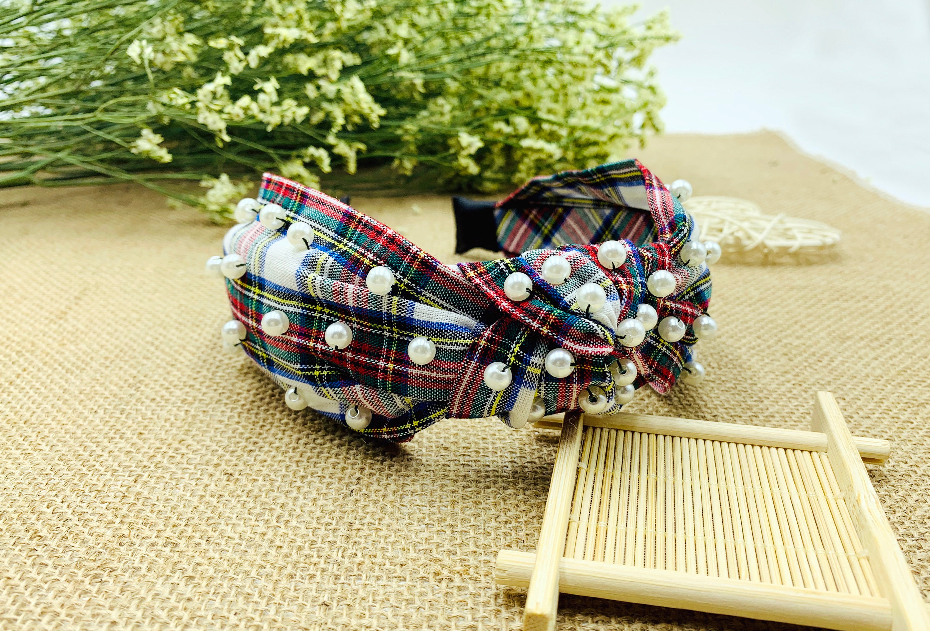 Christmas Plaid wide knotted Headband with pearlswide Etsy