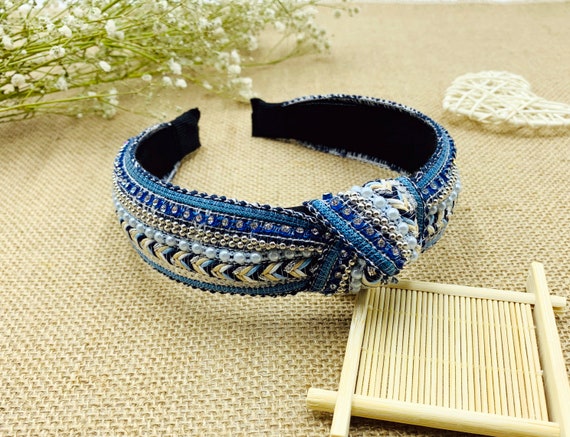 Blue Bohemian Knot Headband With Rhinestones,bead Piece