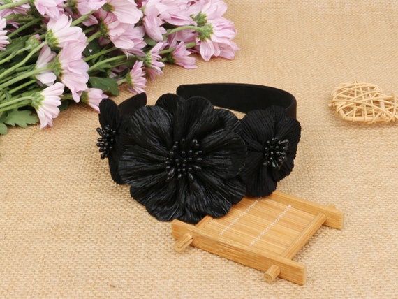 Black Satin Three Flowers Headband,satin Headband,boho  display picture 2