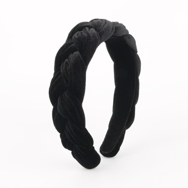 Black velvet wide braided headband,Black velvet flock deep braided headband,Alice headband,velvet braided headband,velvet padded headband