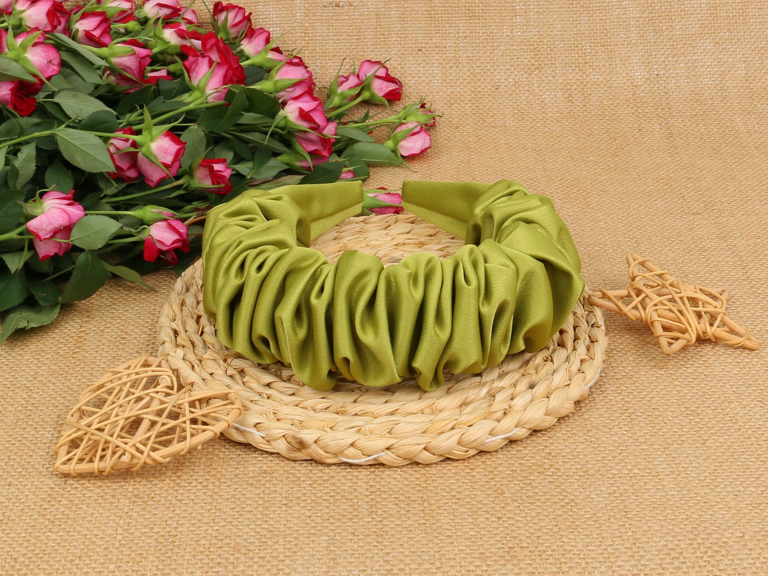 Green Ruffled Satin Headband Green Silk Ruffle Headband - Elasticized Designer Accessory  main image 2