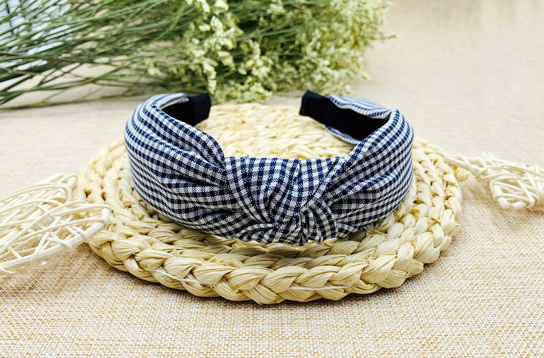 Navy Blue Gingham Knotted Headbandwide Headbandboho Etsy