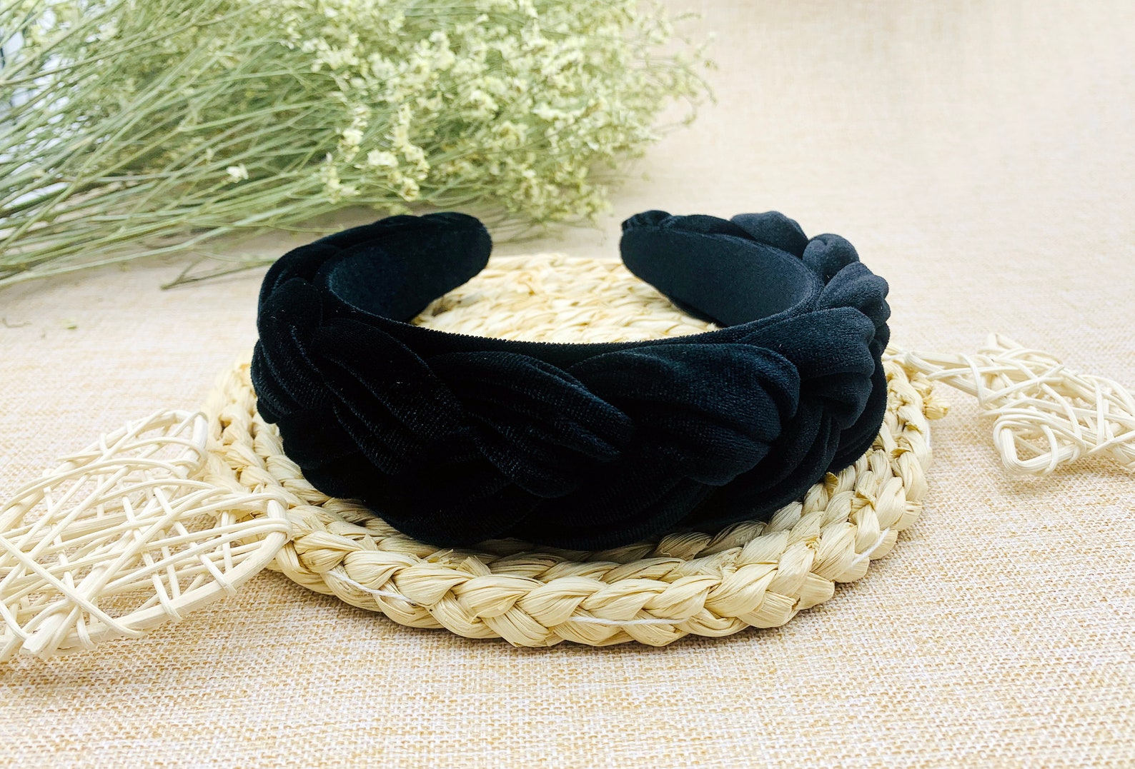 Black Velvet Wide Braided Headbandblack Velvet Flock Deep Etsy