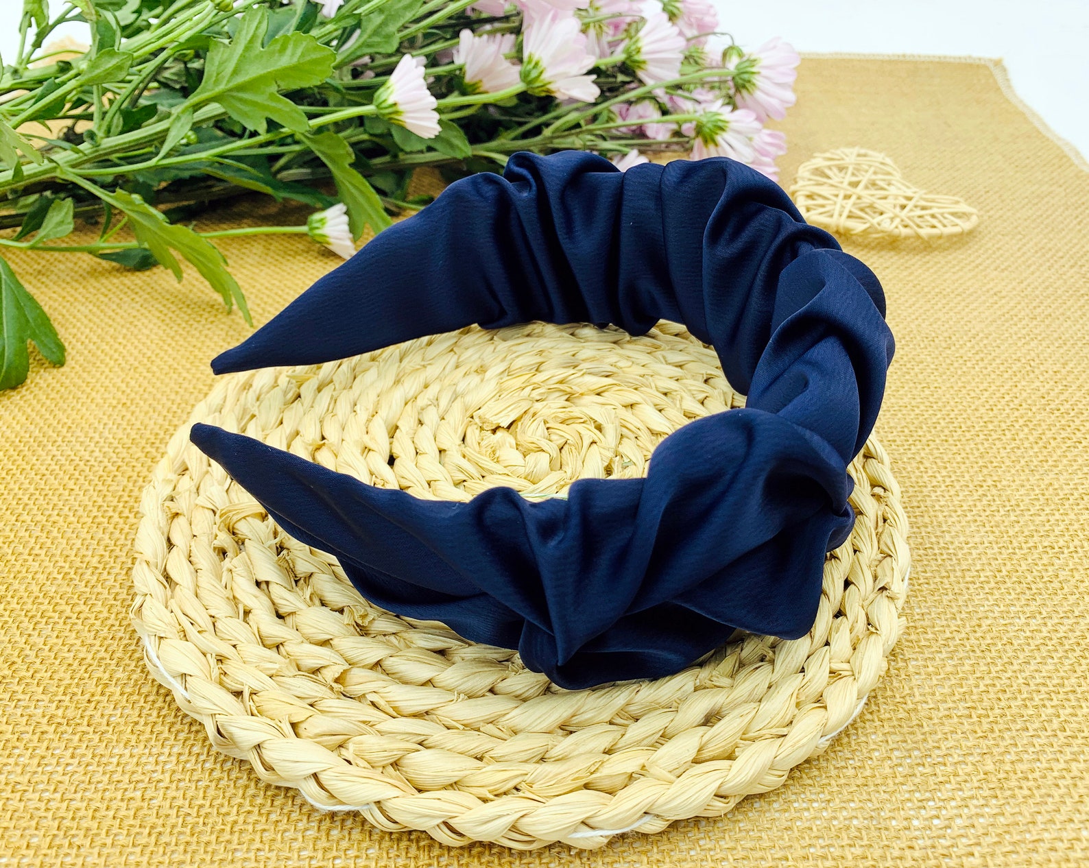 Navy blue Satin Ruched Ruffle Headbandgray satin Scrunchie Etsy