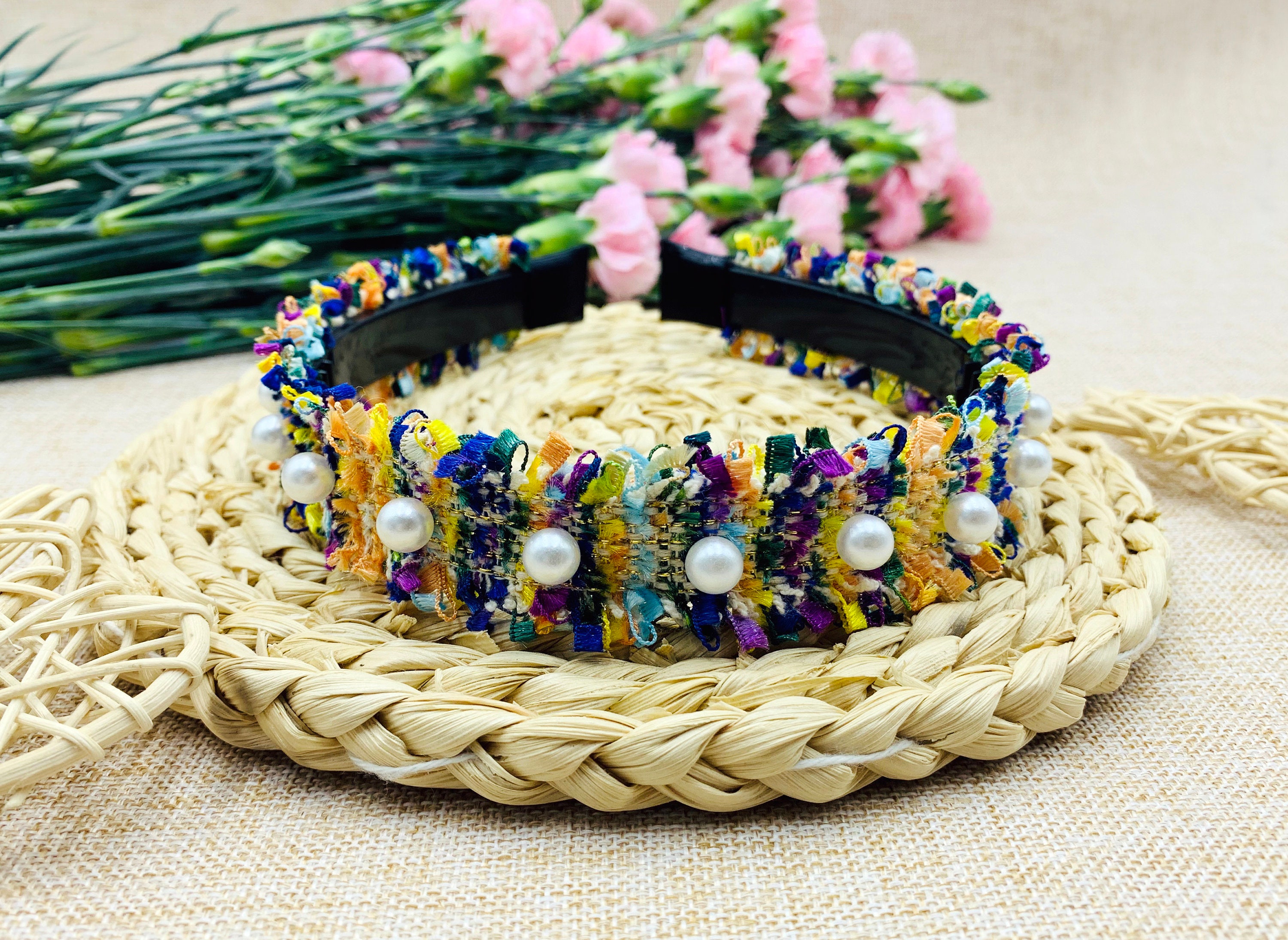 Tweed ornate Multicolor Headband pearls Twine and Love | Plaid Jeweled Knotted Headband | Luxury  main image 2