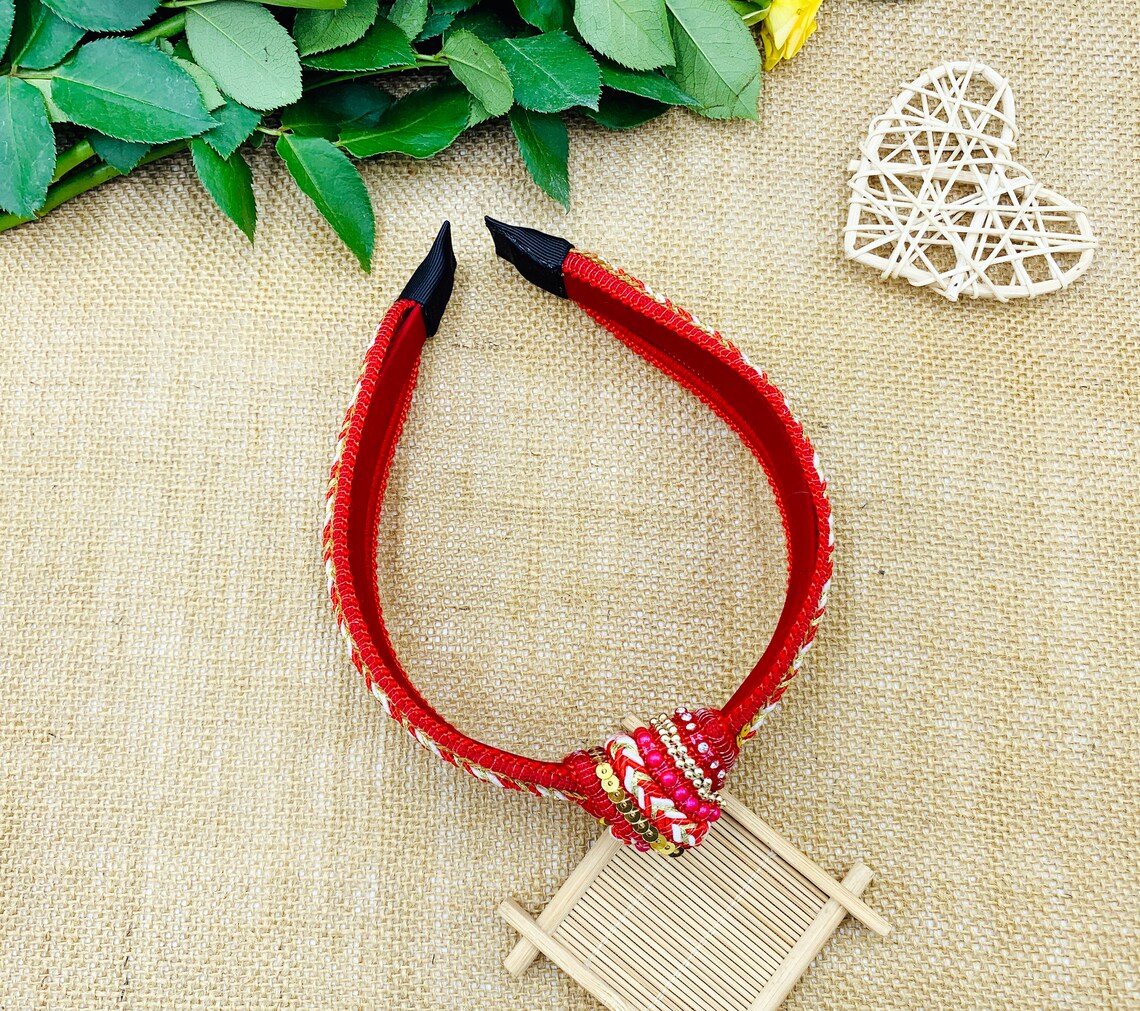 Red bohemian knot headband with rhinestonesBead piece knotted Etsy