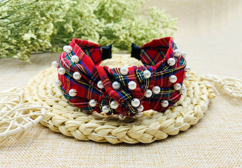 Red Christmas Plaid Wide Knotted Headband With Pearlswide Etsy