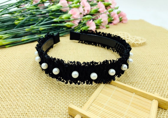 Black Tweed Headband With Pearls,tweed Headband,stylish  display picture 2