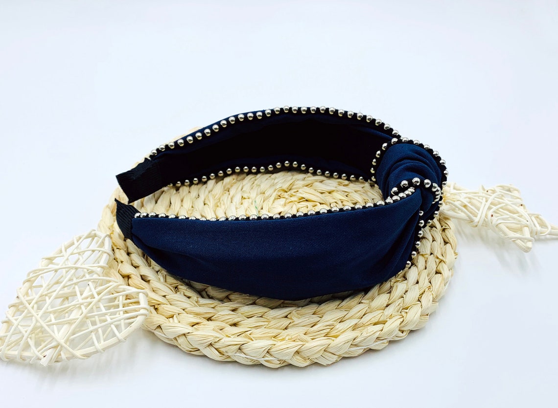 Navy blue satin knotted headband with metal beads chain Etsy