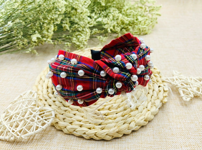Red Christmas Plaid Wide Knotted Headband With Pearlswide Etsy