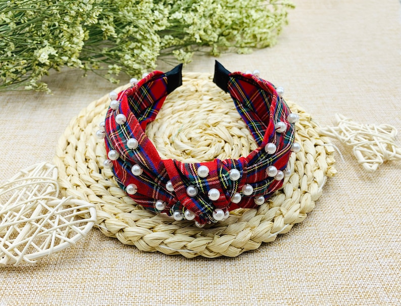 Red Christmas Plaid wide knotted Headband with pearlswide Etsy