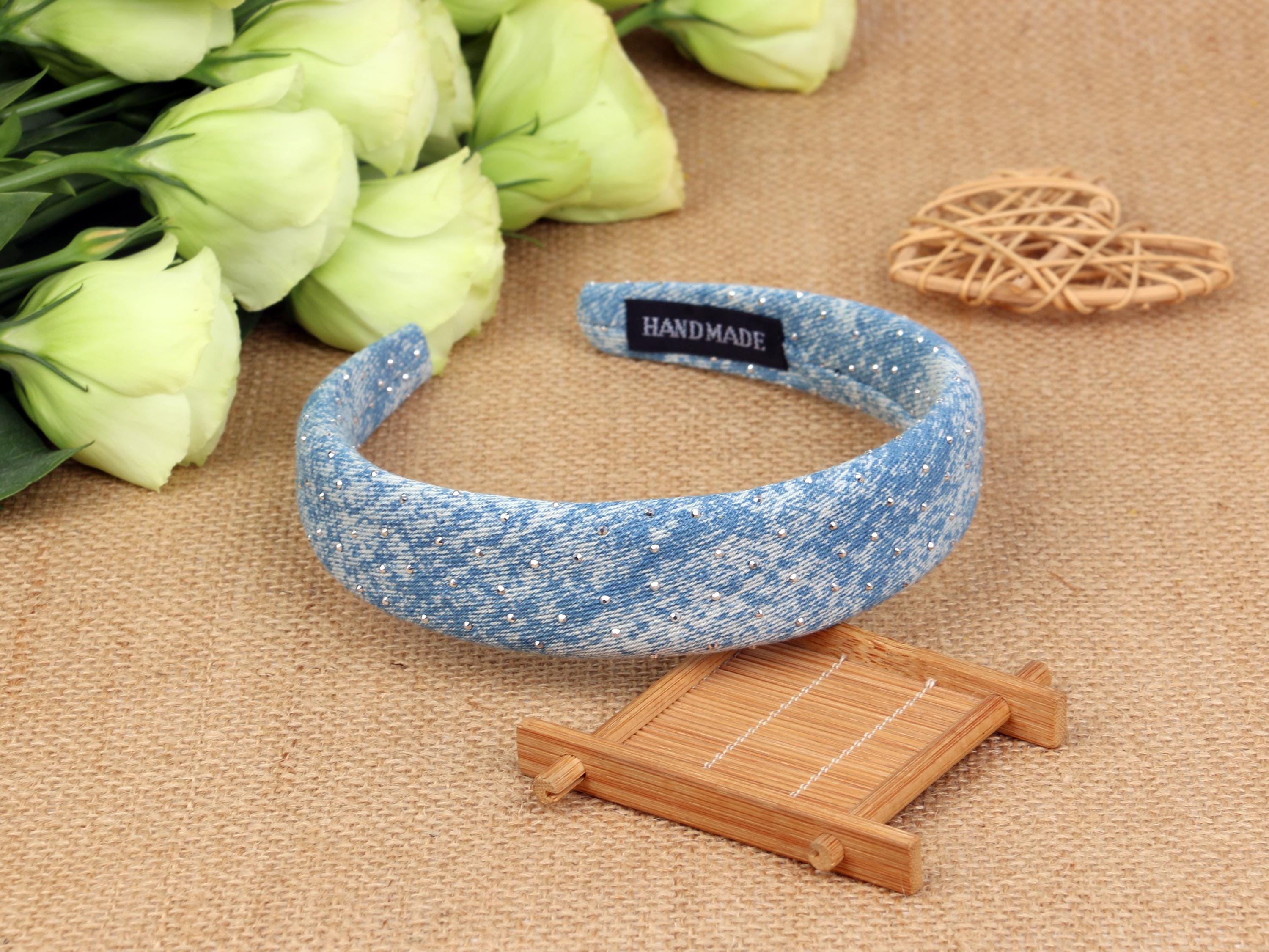 Fashion Light Blue denim Padded Headband Blue Denim Padded Braided Headband,braided Denim Flock Deep  main image 3