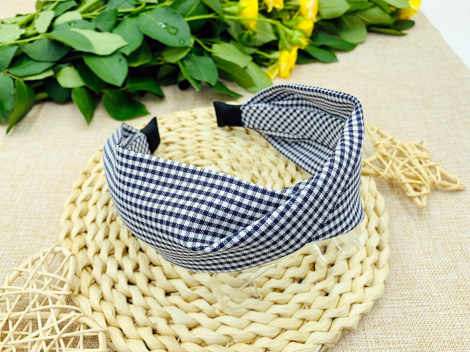 Navy Blue Gingham Twisted Headbandwide Headbandboho Etsy