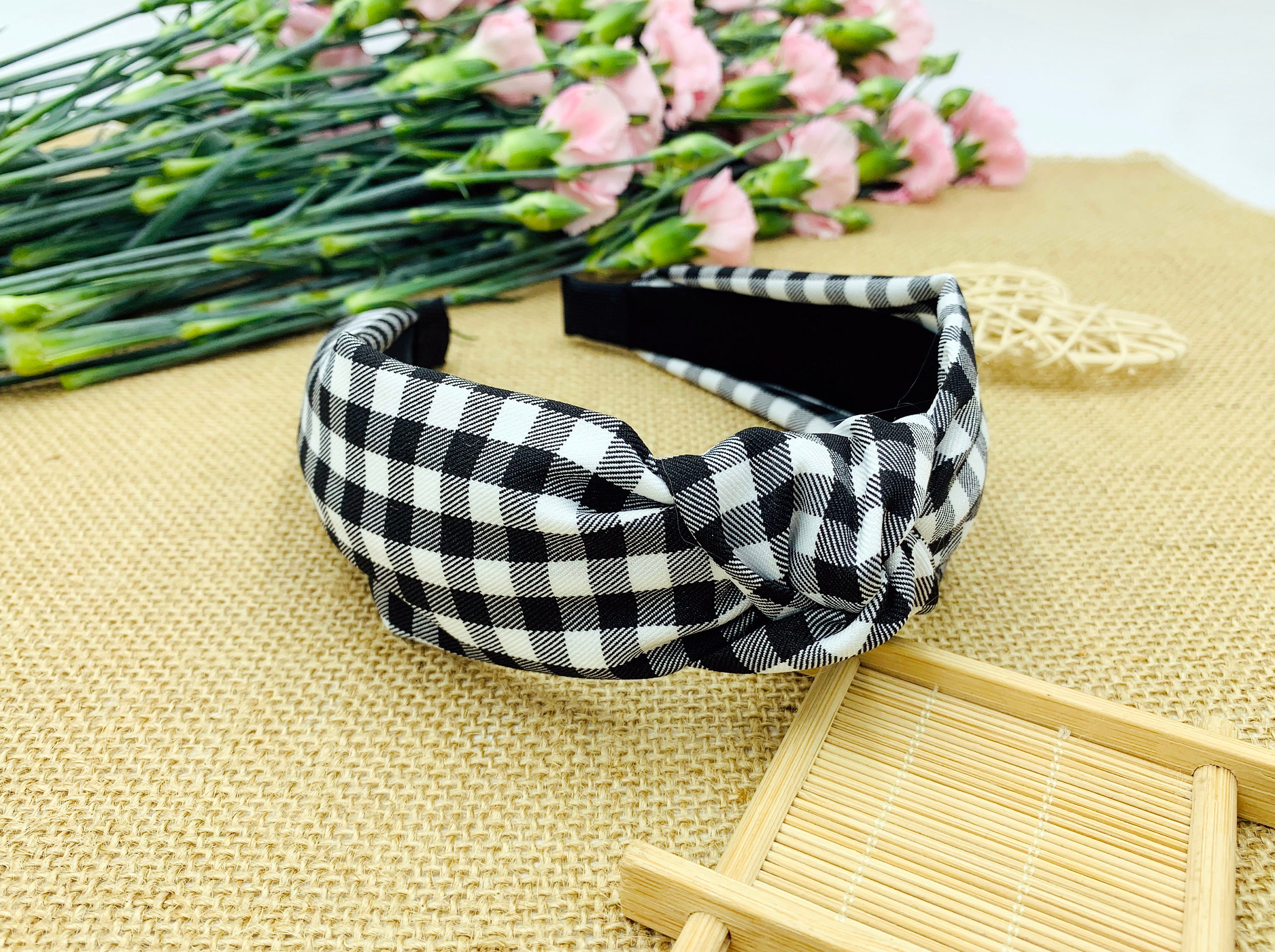 Black Gingham Knotted Headband,wide Headband,boho Headband  display picture 3