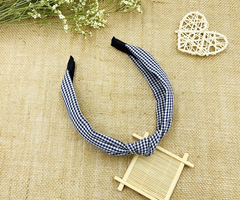 Navy Blue Gingham Knotted Headbandwide Headbandboho Etsy