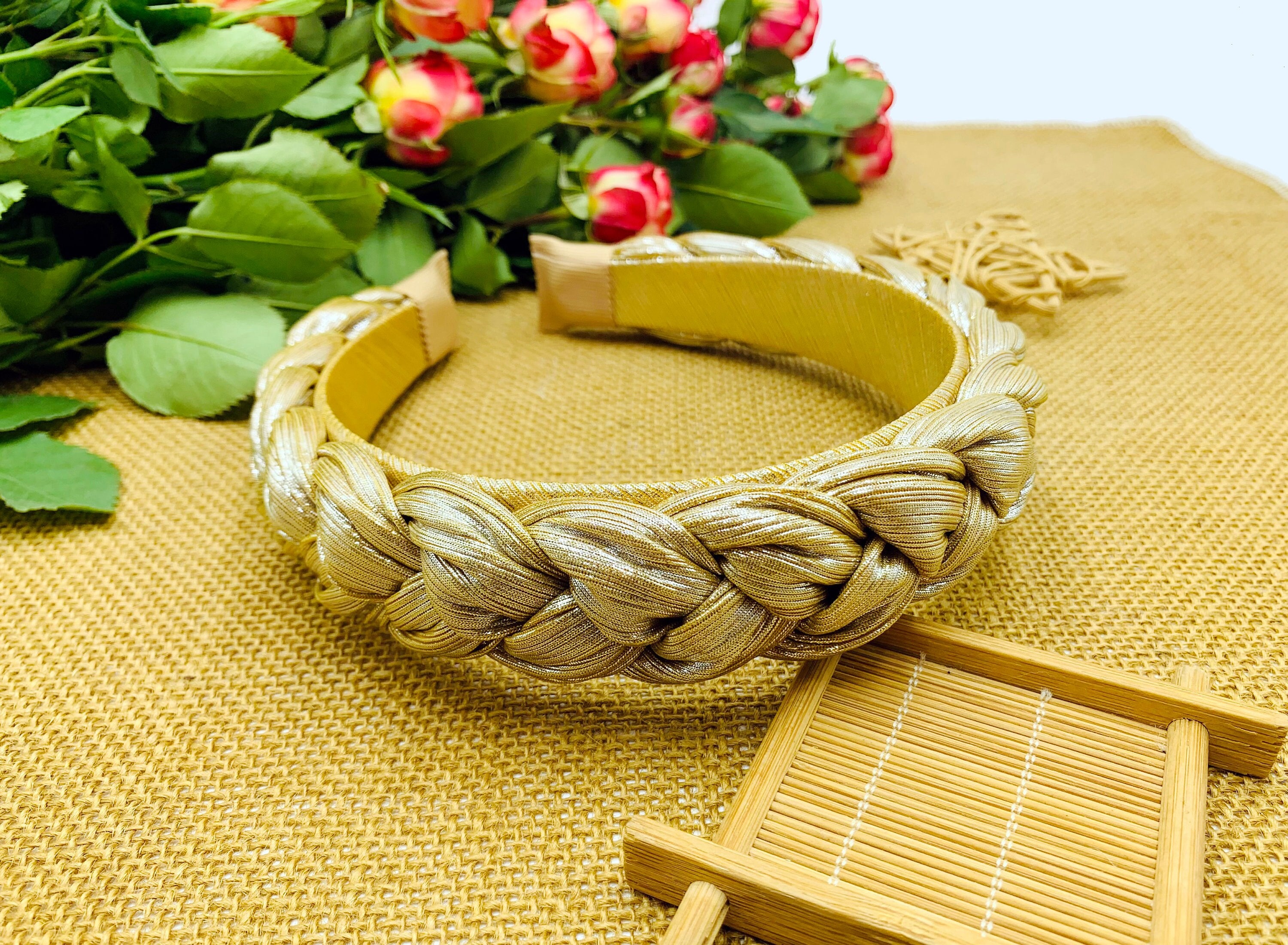 Light Gold Glossy Satin Braided Headband,stylish Fashion  display picture 3