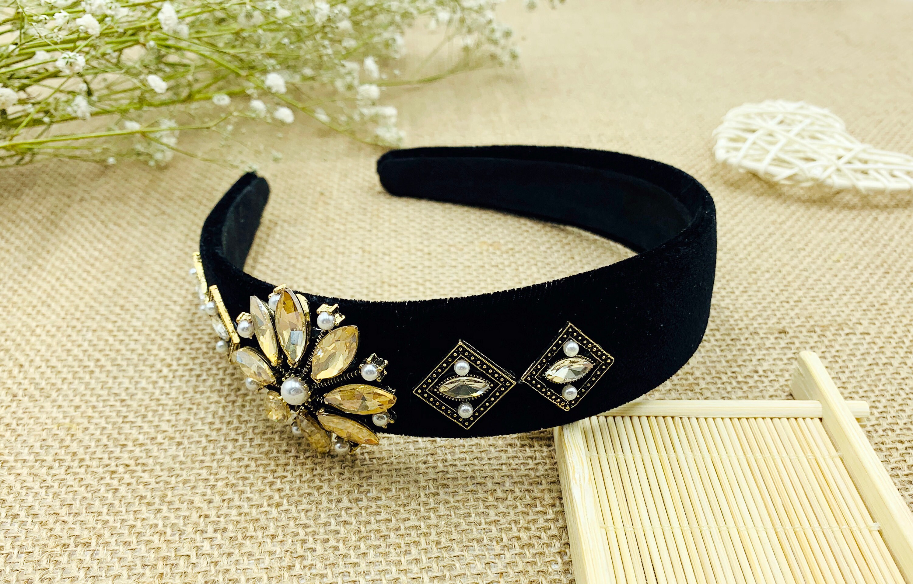 Black velvet headband with luxury rhinestonesrhinestones | Etsy