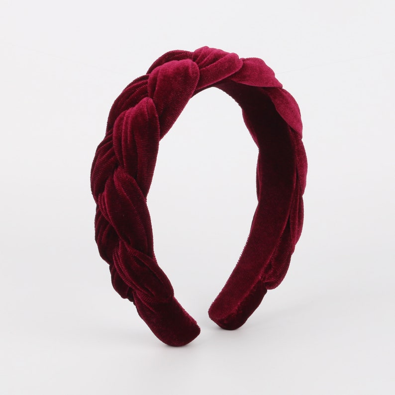 Wine red velvet wide braided headband,Wine red velvet flock deep braided headband,Alice headband,velvet padded headband,woven plait headband image 6