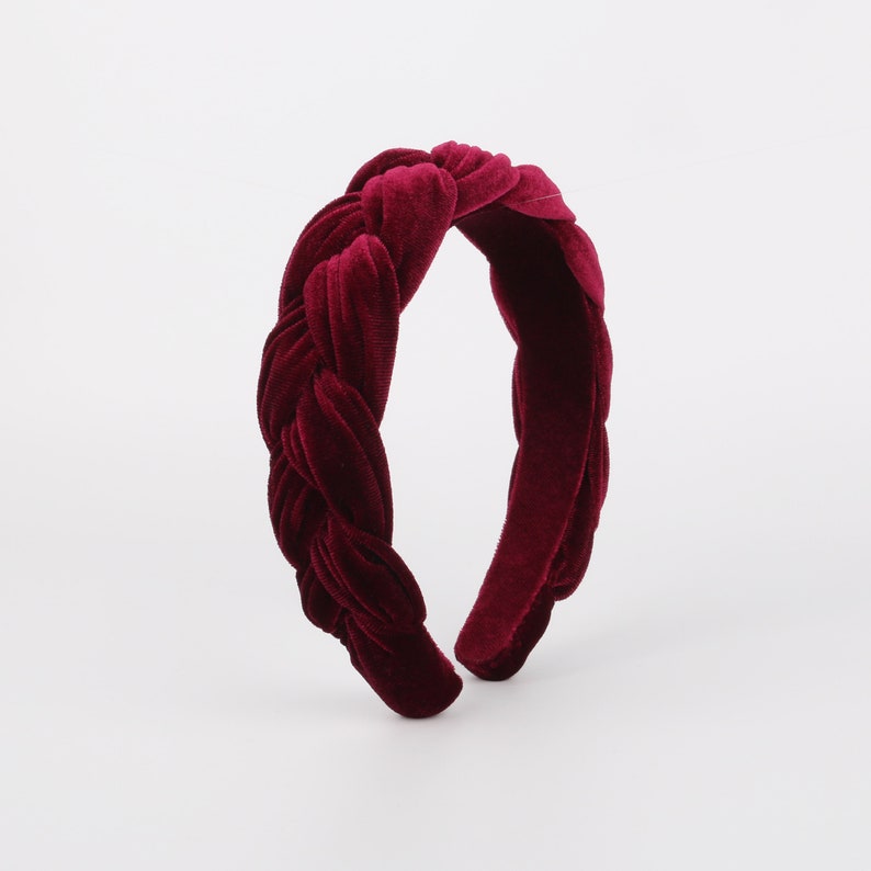 Wine red velvet wide braided headband,Wine red velvet flock deep braided headband,Alice headband,velvet padded headband,woven plait headband image 8