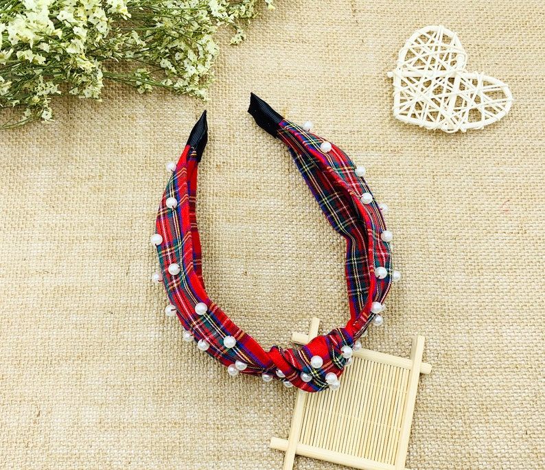 Red Christmas Plaid Wide Knotted Headband With Pearlswide Etsy