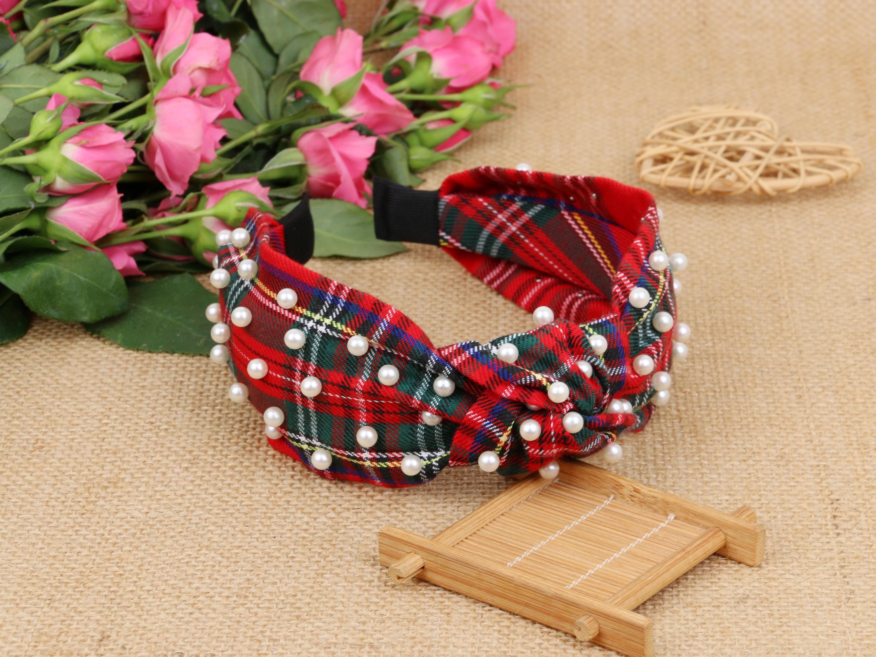 Plaid Red Headband With Faux Pearl and Rhinestone. Amazon.com : NVENF Jeweled Plaid Headband with Embellished  main image 2