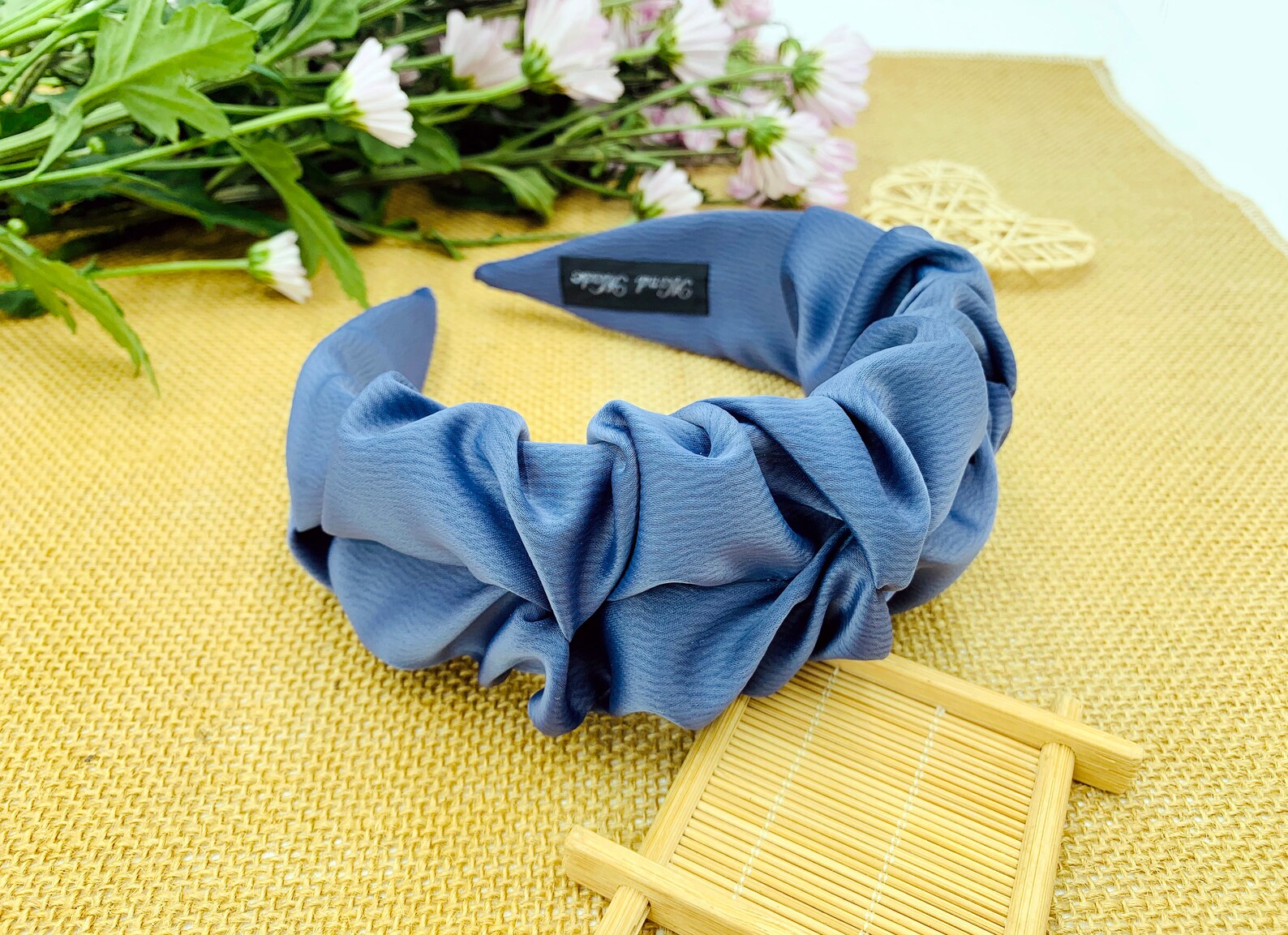 Navy blue Satin Ruched Ruffle Headbandgray satin Scrunchie Etsy