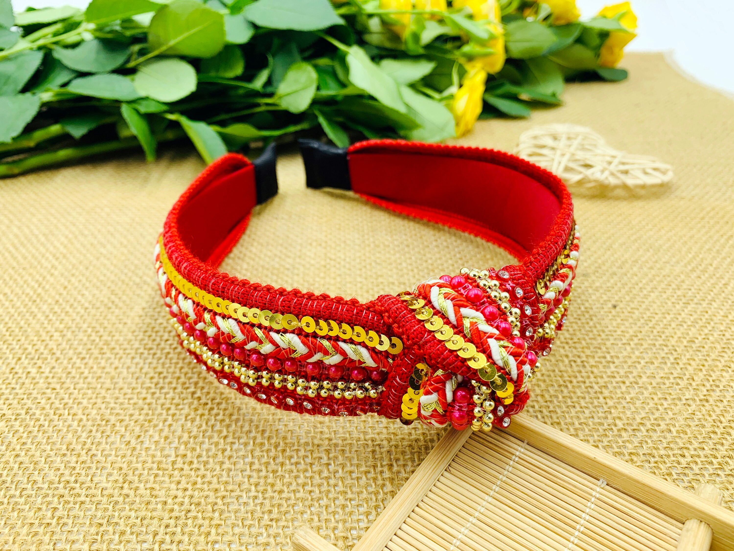 Red bohemian knot headband with rhinestonesBead piece knotted Etsy