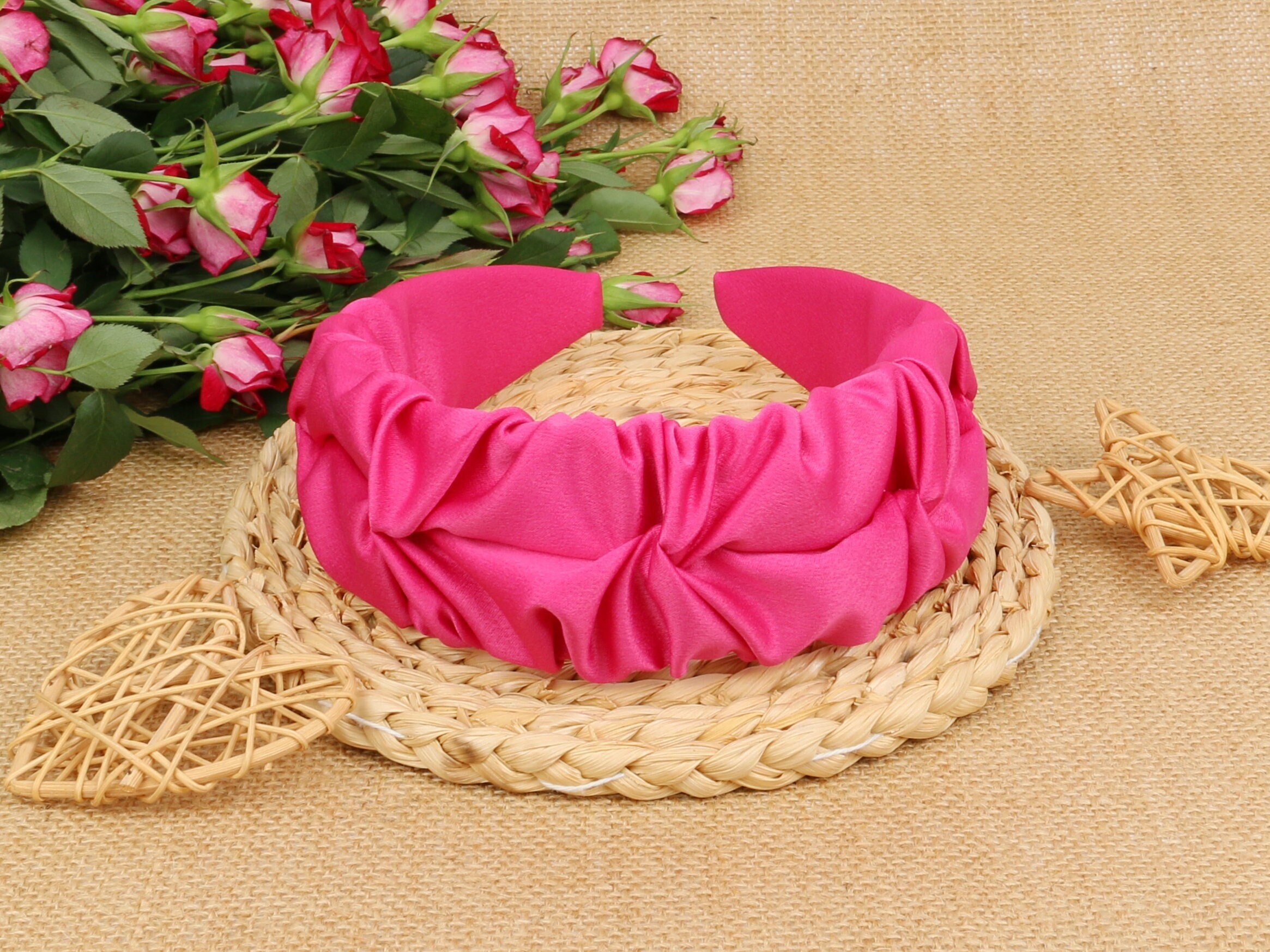 Hot Pink Satin Ruched Ruffle Headband,hot Pink Satin  display picture 3