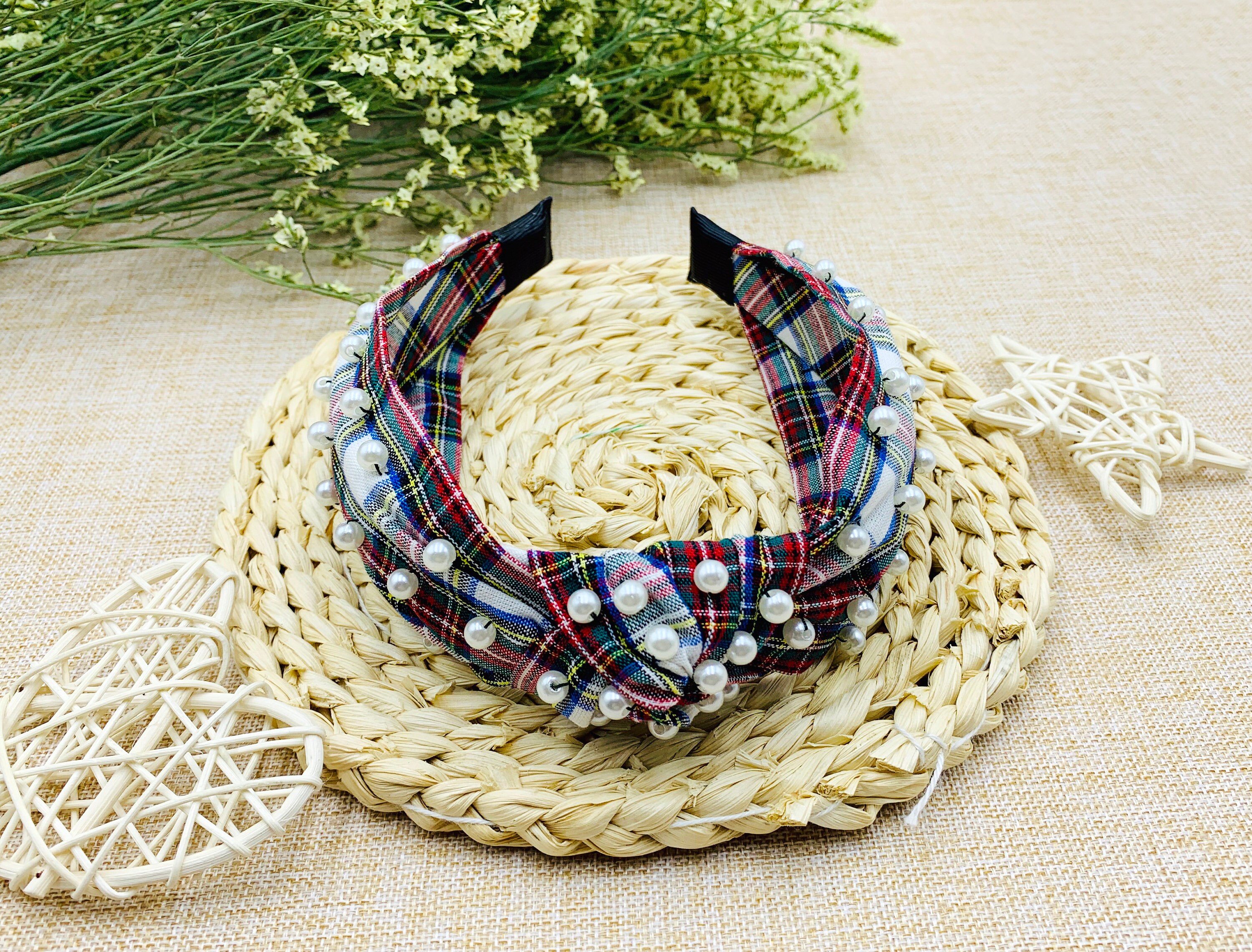 Christmas Plaid wide knotted Headband with pearlswide Etsy