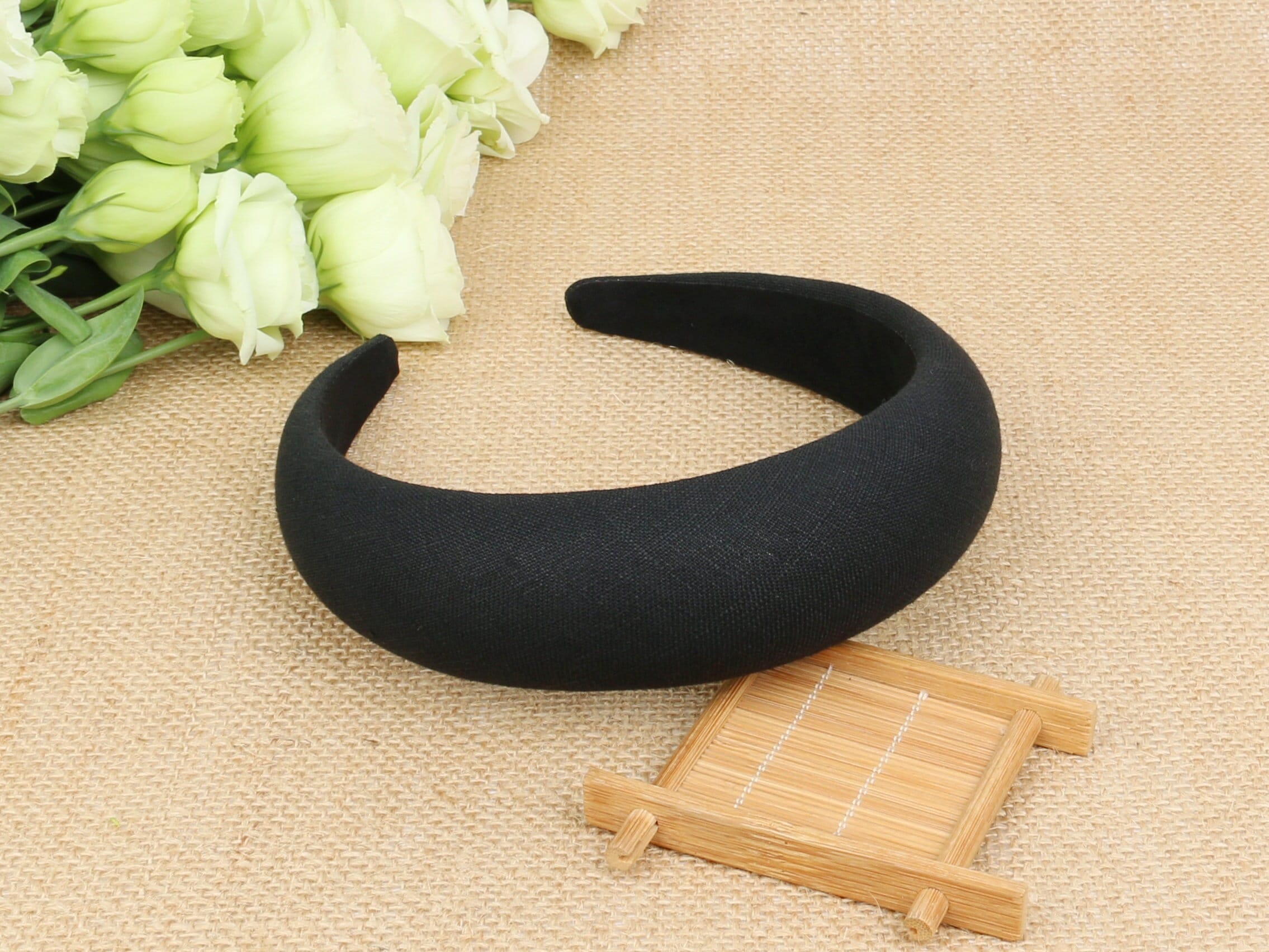 Black Linen Padded Wide Headband,padded Headband,boho  display picture 2