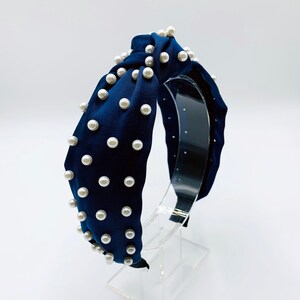 Navy Blue Satin Knotted Headband With Pearls bead - Etsy